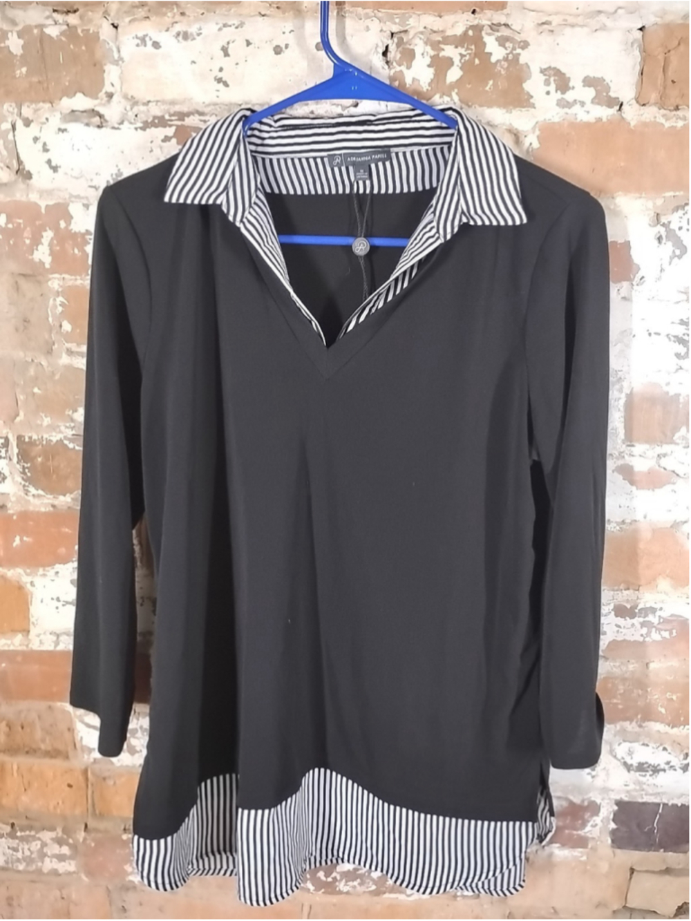 Adrianna Papell Women's Blouse Black White Striped Blouse Sz M
